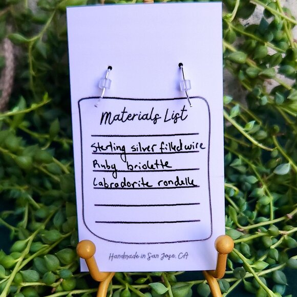 Ruby Dangle Earrings - Semi-Precious Ruby, Labradorite & Carnelian - Picture 4 of 10